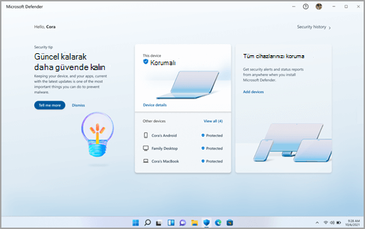Windows'da Microsoft Defender panosu