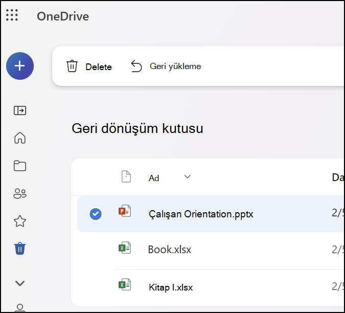 OneDrive.com’daki Geri Dönüşüm Kutusu sekmesini gösteren ekran görüntüsü.