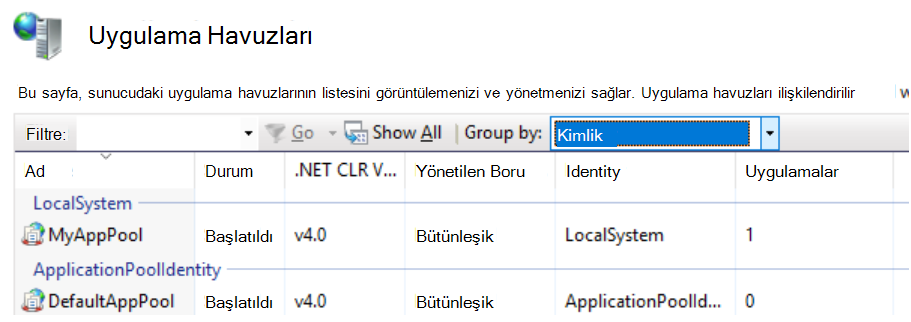 Ekran görüntüsünde, LOCALSYSTEM olarak çalışacak şekilde yapılandırılmış bir uygulama havuzu (MyAppPool) örneği gösterilmektedir. Bu uygulama havuzunda çalışan tüm uygulamalar SİSTEM kimliği olarak çalışır.