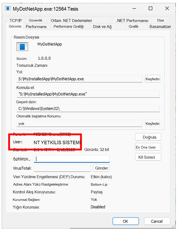 Sysinternals Process Explorer'da, ilgilendiğiniz işlemi bulun ve Özellikler görünümüne girin, ardından Görüntü sekmesinin altındaki Kullanıcı alanına bakın.