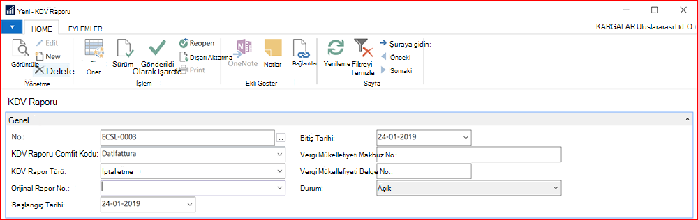 Yeni bir KDV raporunun ekran görüntüsü