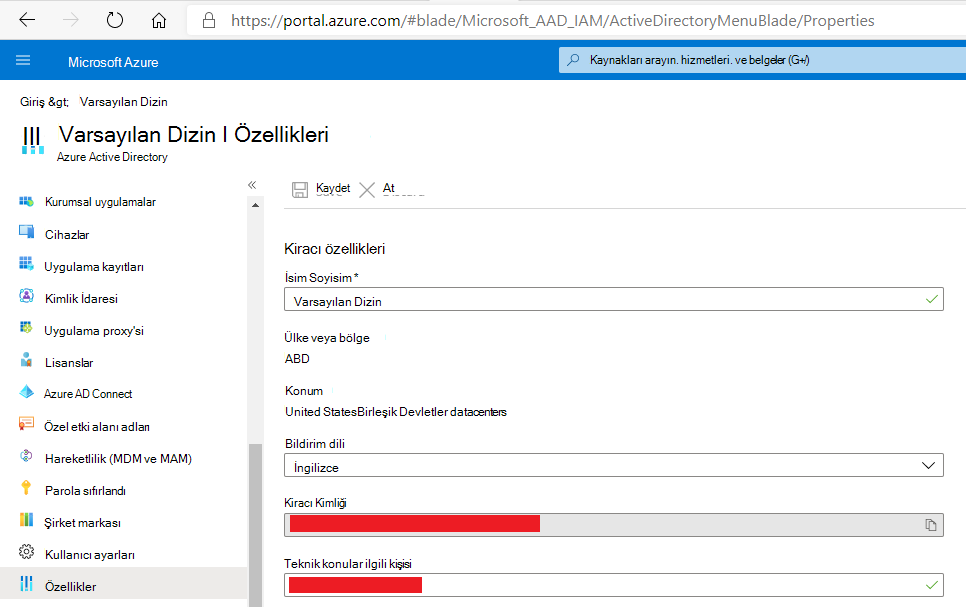 TenantId'yi AzureAzure Active Directory Dikey Penceresi'ndeki Özellikler sekmesinden alın