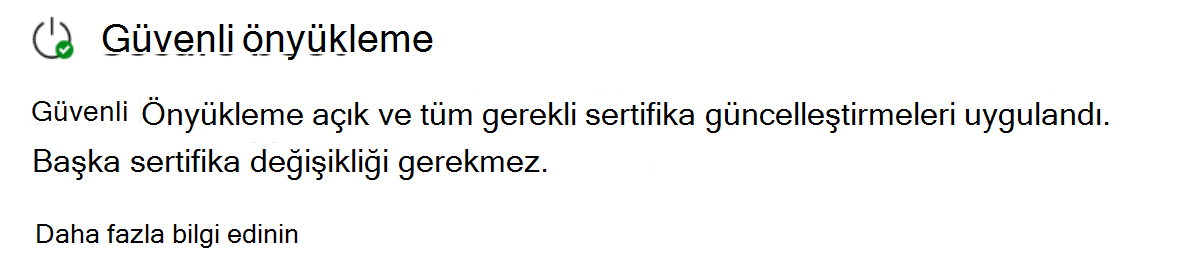 Yeşil bir onay işareti simgesiyle tamamen güncelleştirilmiş durumu gösteren Güvenli Önyükleme bölümü.