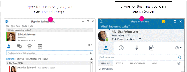 Skype Kurumsal kişi sayfası ve Skype Kurumsal (Lync) sayfasının yan yana karşılaştırması