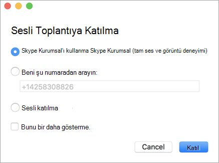 Sesli Toplantıya Katıl iletişim kutusu örneği
