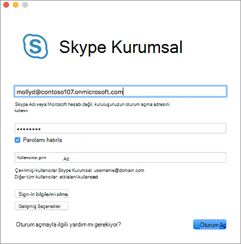 Mac için Skype Kurumsal oturum açma ekranı