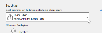 Ses Cihazı Ayarları iletişim kutusunda ses cihazı açılan menüsünü gösteren ekran görüntüsü.