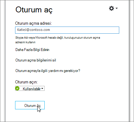Skype Kurumsal Oturum açma ekranındaki Oturum Aç düğmesini gösteren ekran görüntüsü.