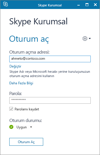 Skype Kurumsal oturum açma ekranının ekran görüntüsü.