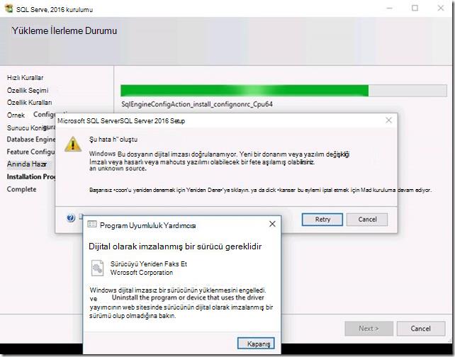 SQL ServerSQL Server 2016 Kurulum raporları, dijital imza hatası ve dijital olarak imzalanmış sürücü uyarısı