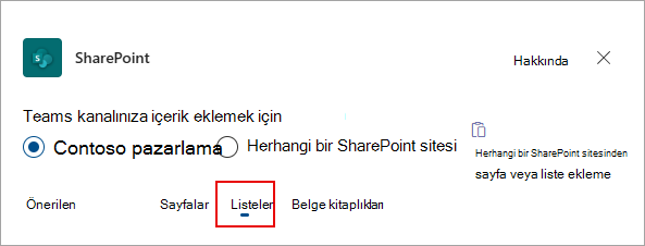 Teams kanalınıza liste eklemek için Listeler'i seçin.