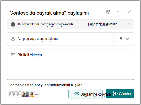 Alıcı alanı, izin ayarları, ileti alanı ve Gönder düğmesi içeren Bağlantı gönder iletişim kutusu.