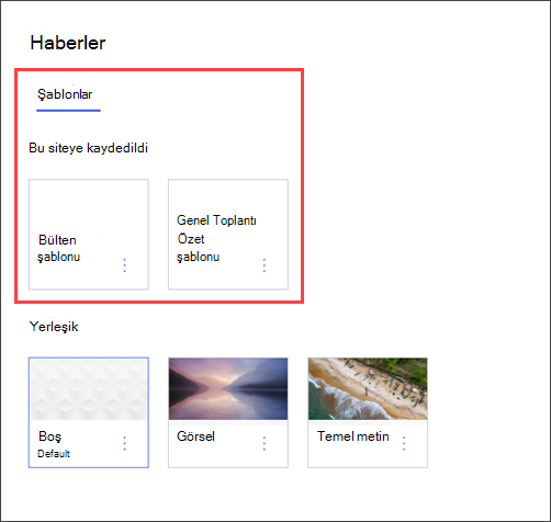 Bölüm sitesindeki sayfa şablonu seçicisinin görüntüsü