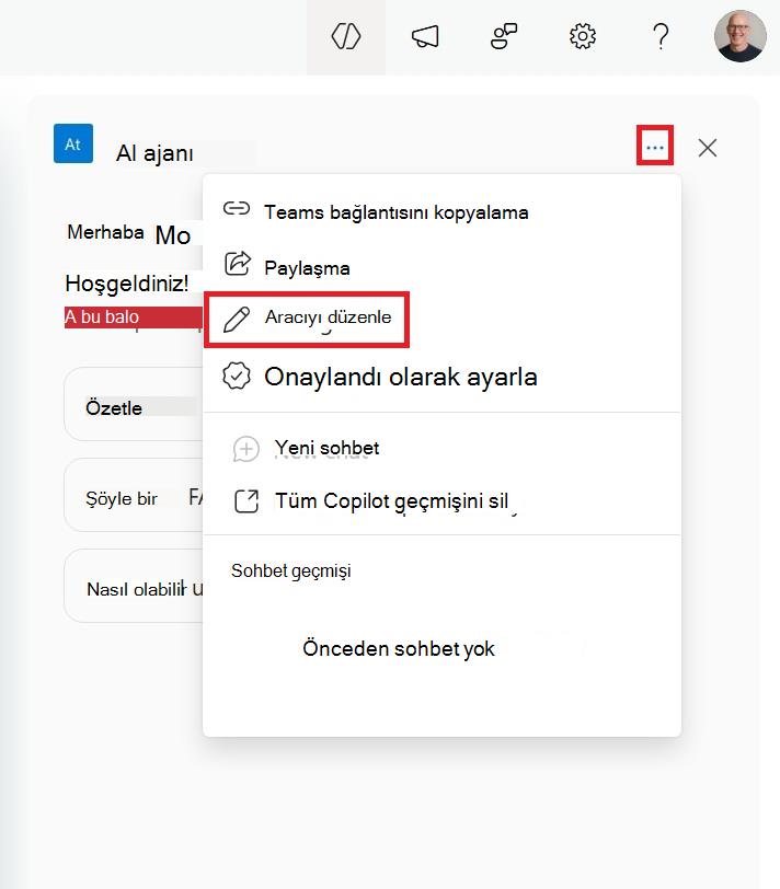 Sepetten SharePoint aracısını düzenleme menüsünün ekran görüntüsü