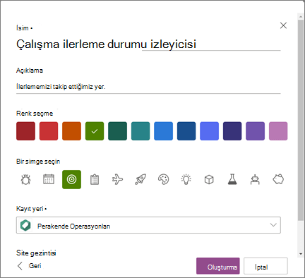 Liste adı girme ve liste oluştururken listenin kaydedileceği konum olarak bir SharePoint sitesi seçme işleminin ekran görüntüsü
