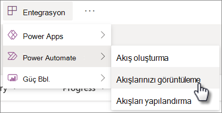 Bir liste için Power Automate'i Tümleştir menüsündeki akışlarınızı görüntüleyin komutu