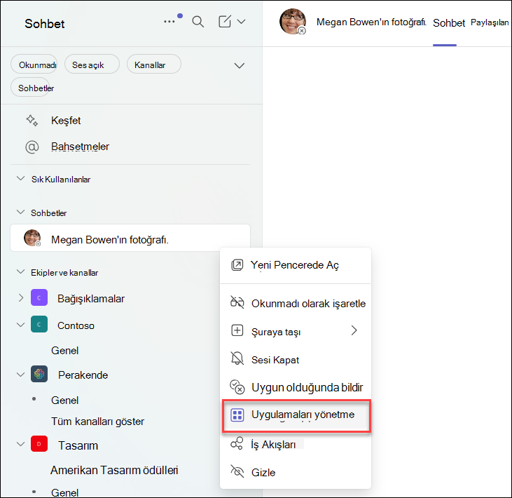 Teams sohbetinde uygulamaları yönetme ekran görüntüsü