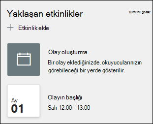 Etkinlikler web bölümünün önizlemesi.