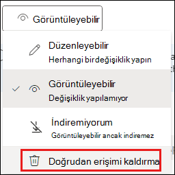 Doğrudan erişimi kaldır seçeneğinin vurgulandığı paylaşım izinlerinin ekran görüntüsü.