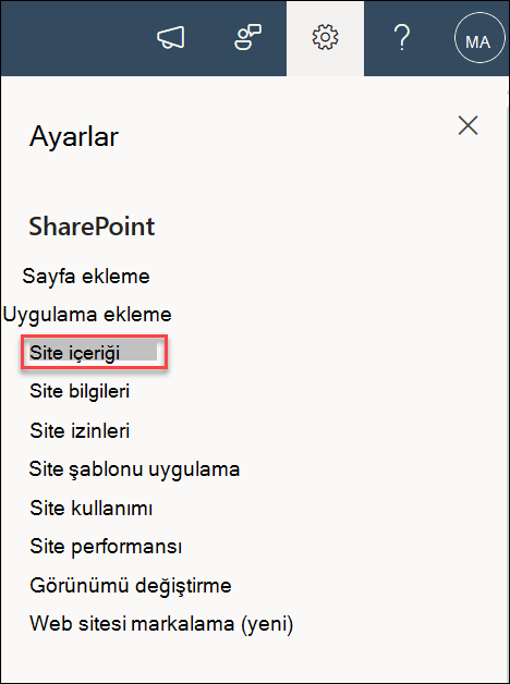 Ayarlar sitesi içeriğinin ekran görüntüsü