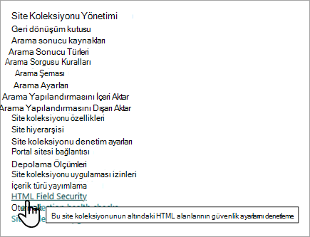 HTML Alan Güvenliği ayarıyla Site Koleksiyonu Yönetim seçeneklerinin ekran görüntüsü.