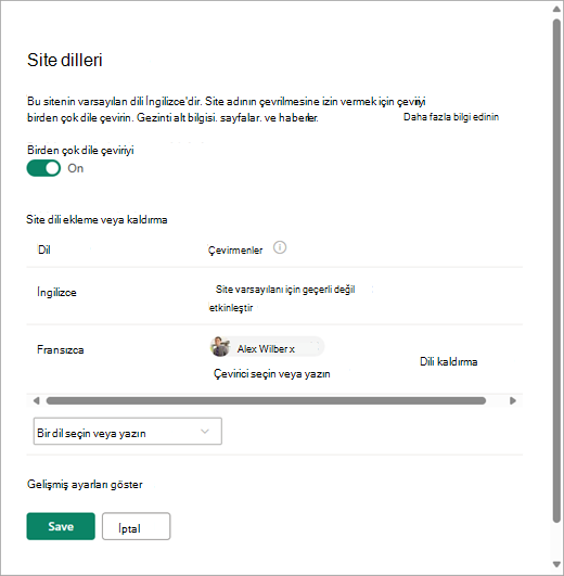SharePoint'te Site dilleri sayfasını gösteren ekran görüntüsü.