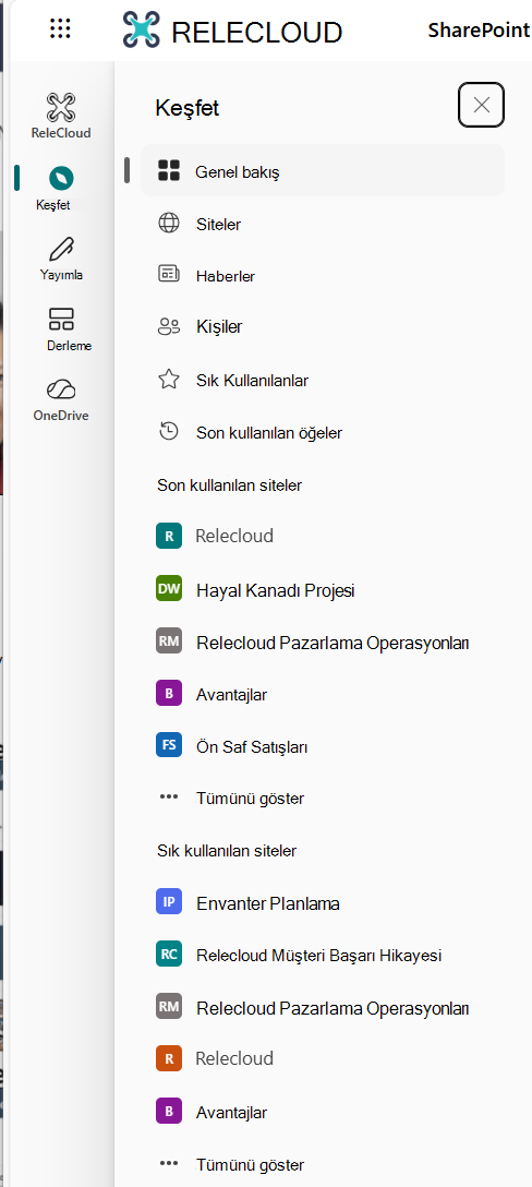 SharePoint uygulama çubuğu Keşfet