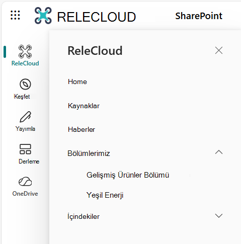 SharePoint uygulama çubuğu giriş sitesi