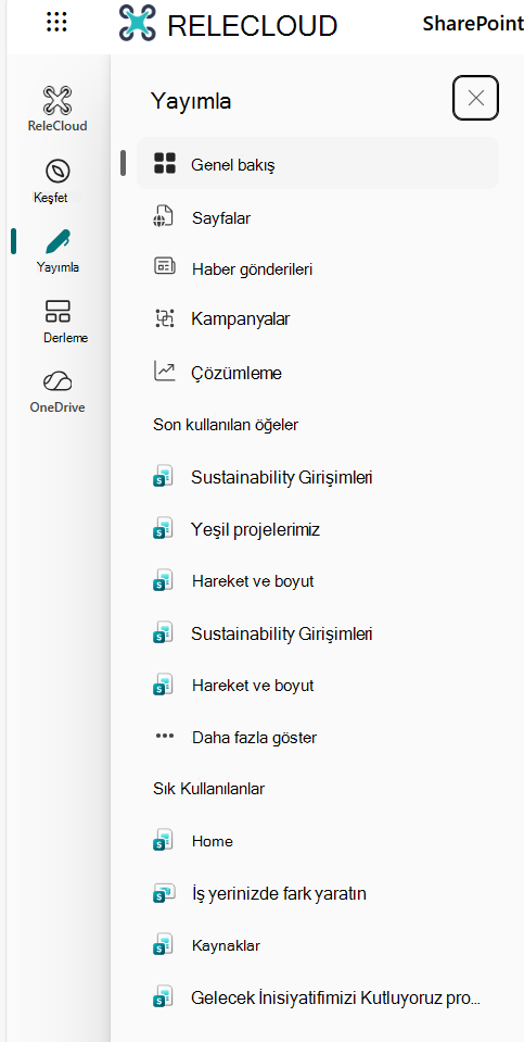SharePoint uygulama çubuğu Yayımla
