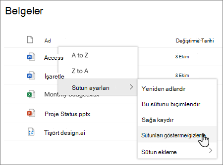 Modern bir SharePoint listesinde veya kitaplığında sütun başlığı seçildiğinde Sütun ayarları > Sütunları göster/gizle seçeneği