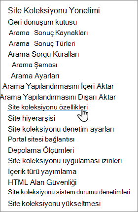 SharePoint site ayarlarındaki Site koleksiyonu özellikleri seçeneği