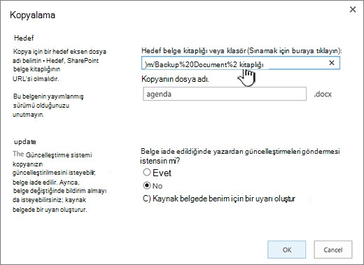 URL’nin vurgulandığı Kopyalama iletişim kutusu.