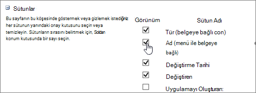 Sütun seçici iletişim kutusu