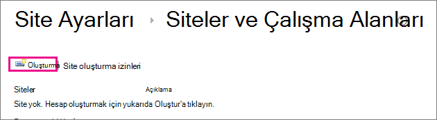 Siteler ve çalışma alanları iletişim kutusunda site oluşturma bağlantısı