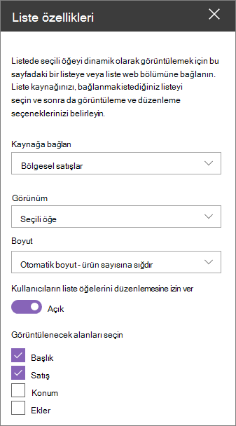 Liste özellikleri web bölümü bölmesi