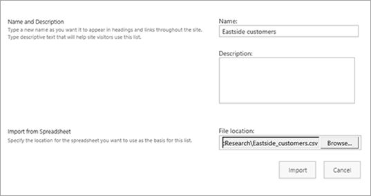 SharePoint'te elektronik tablo içeri aktarmak için kullanılan ad, açıklama ve dosya konumu iletişim kutusunun ekran görüntüsü.