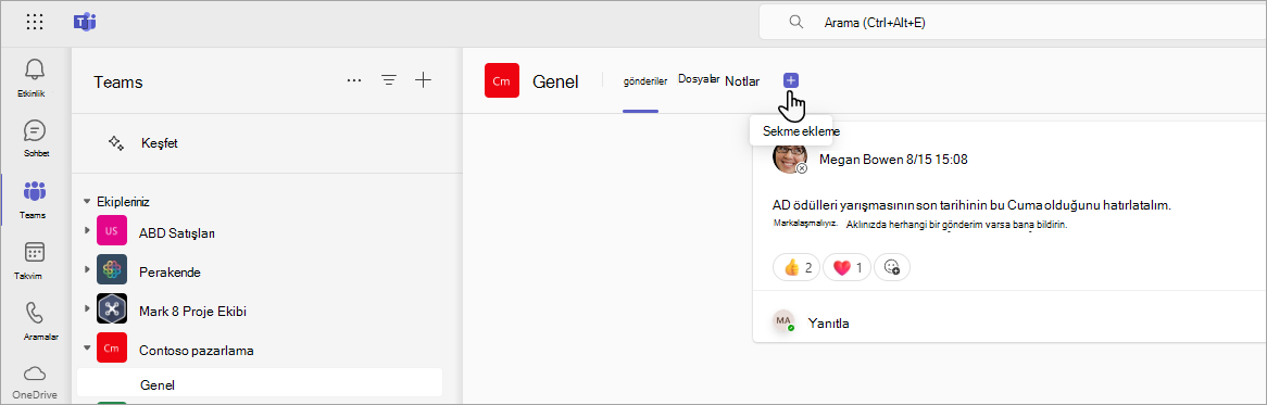 SharePoint URL'sini kullanarak Teams'e yeni sekme ekleme.