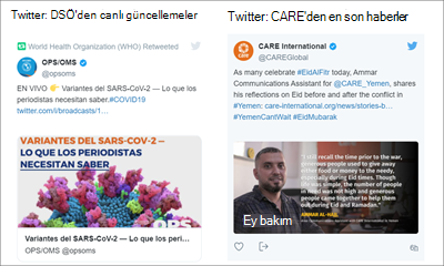 İki kaynaktan gelen tweet'leri gösteren twitter web bölümünün görüntüsü