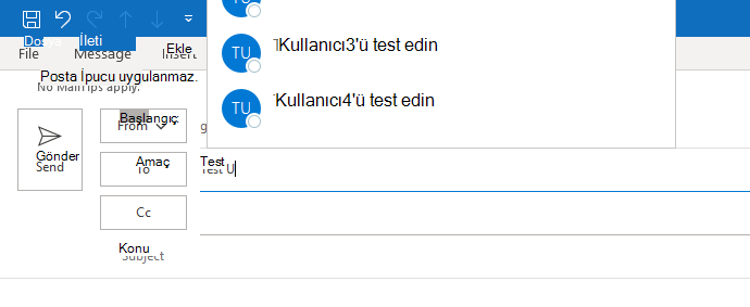 Resimde Outlook için otomatik tamamlama görüntüleniyor. Otomatik Tamamlama ancak kısmen görülebilir durumda.