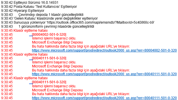 Outlook günlüğündeki hata listesi