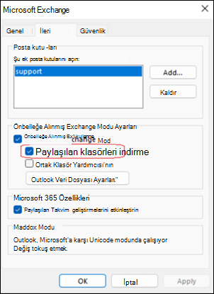 Outlook paylaşılan klasörleri indirme örneği