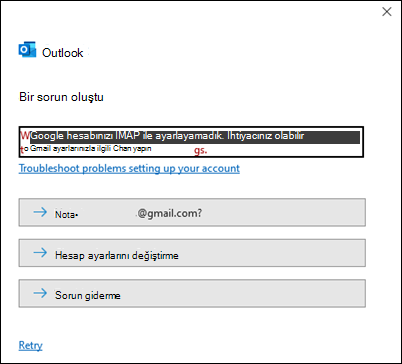 Outlook hatası: Gmail hesabı eklenirken bir sorun oluştu