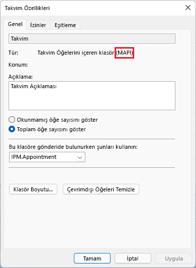 Resim, kırmızı daire içine alınmış m a p i ile Outlook toplantı özellikleri penceresini görüntüler.