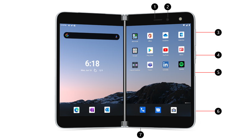 Düğmeler ve bağlantı noktaları için açıklama balonları içeren Surface Duo