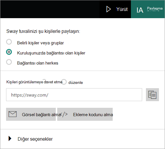 Kuruluş hesabınızdan Sway menüsü