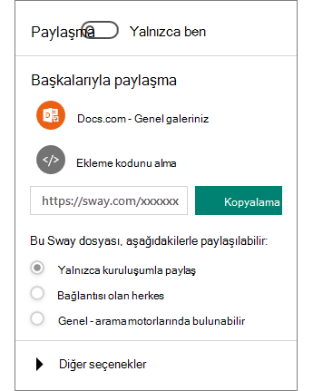 Sway Paylaş bölmesinin ekran görüntüsü.