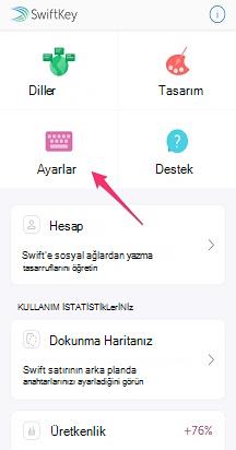 Otomatik düzeltme Settings_Autocorrect için Ayarlar'ın vurgulandığı SwiftKey giriş ekranı