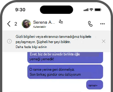Başlığın ekran görüntüsü: Tanımadığınız kişilerle gizli bilgileri veya ekranınızı paylaşmayın. Şüpheli her şeyi bildirin.