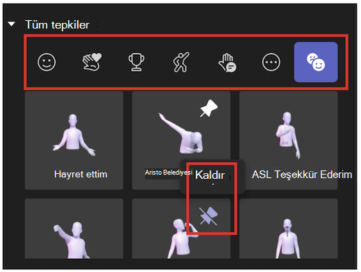 Avatar uygulamasında tepkiler kullanıcı arabirimi ve sabitlemeyi kaldırma