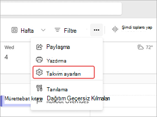Teams takvimindeki takvim ayarlarını vurgulayan ekran görüntüsü.